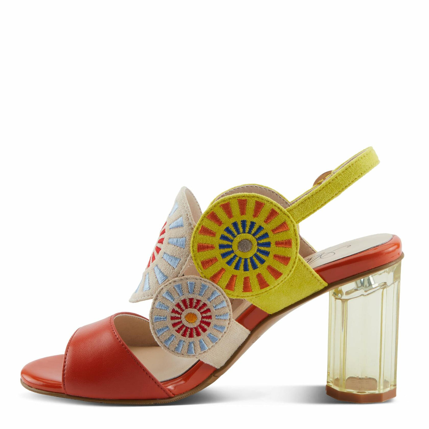 Azura Women's Embroidery Pumps & Heels - Geometric Design, Adjustable Ankle Strap, Transparent Cylindrical Heel Orange Multi EU 39 / US 8.5