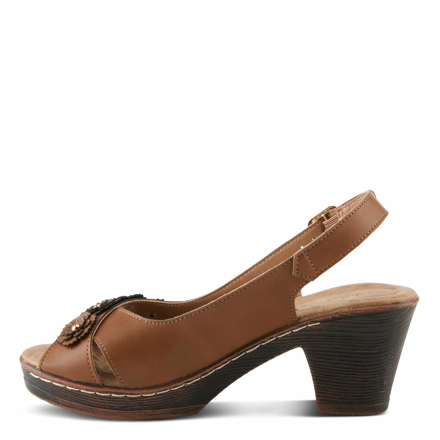 PATRIZIA Women's ADDISYN Buckle Sandals - Floral Stud Embellishments, Adjustable Fit, Faux Wood Heel BROWN EU 41 / US 9.5-10
