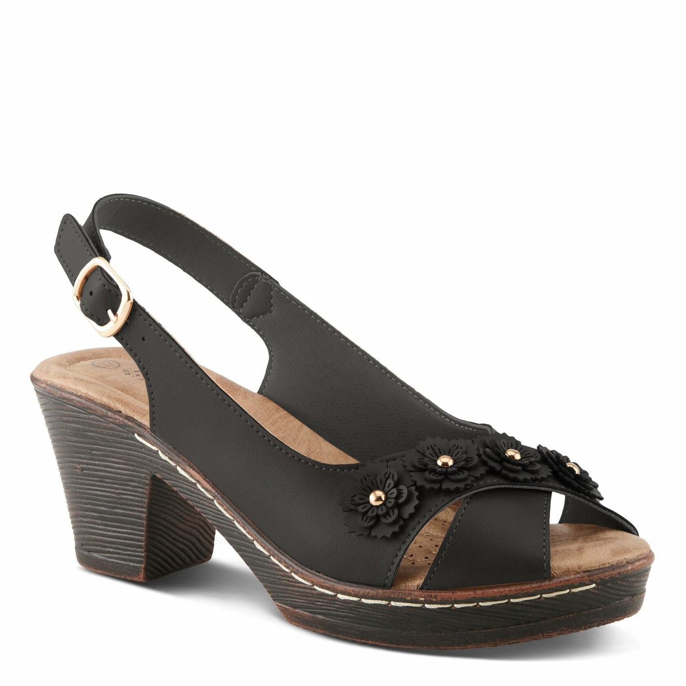 PATRIZIA Women's ADDISYN Buckle Sandals - Floral Stud Embellishments, Adjustable Fit, Faux Wood Heel BLACK EU 41 / US 9.5-10