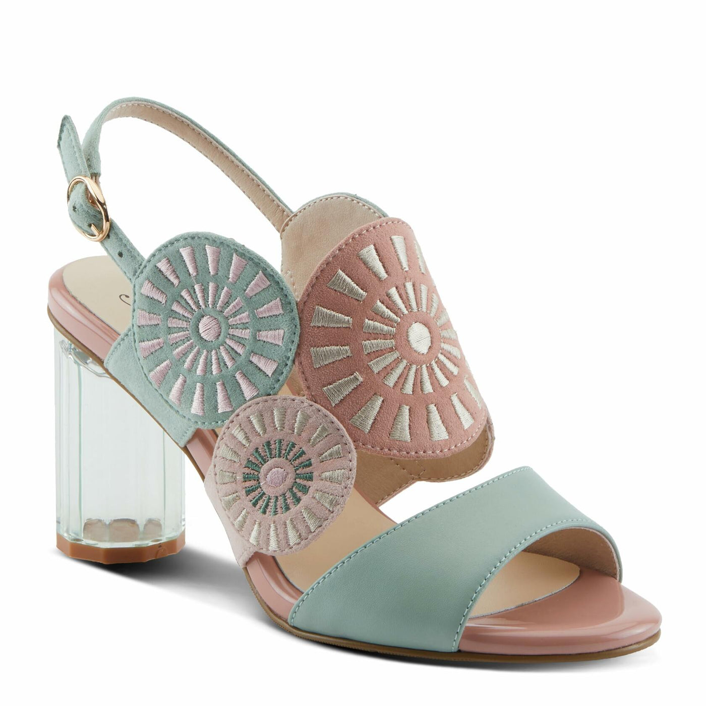 Azura Women's Embroidery Pumps & Heels - Geometric Design, Adjustable Ankle Strap, Transparent Cylindrical Heel Mint Green Multi EU 37 / US 6.5-7