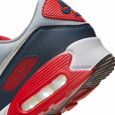Nike Air Max 90 Men's Shoes (DM0029-005, Light Smoke Grey/Armory Navy/Fire Red/Phantom) Size 8