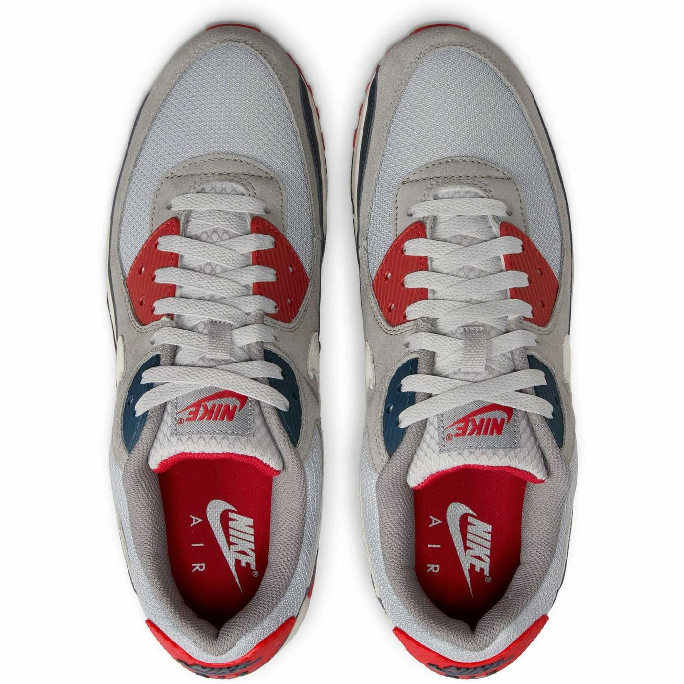 Nike Air Max 90 Men's Shoes (DM0029-005, Light Smoke Grey/Armory Navy/Fire Red/Phantom) Size 8