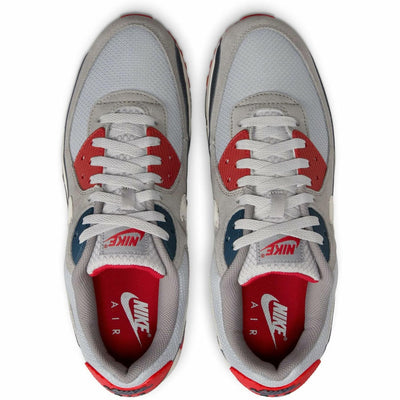 Nike Air Max 90 Men's Shoes (DM0029-005, Light Smoke Grey/Armory Navy/Fire Red/Phantom) Size 8