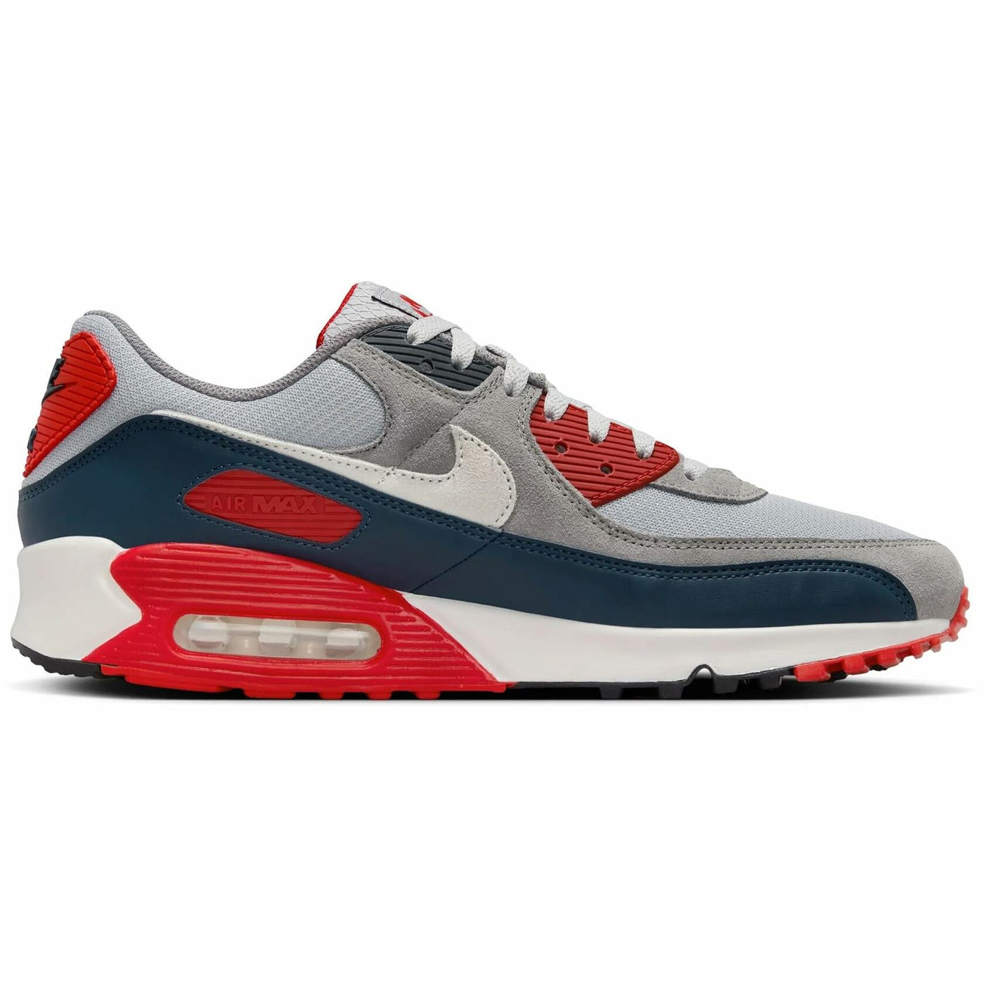 Nike Air Max 90 Men's Shoes (DM0029-005, Light Smoke Grey/Armory Navy/Fire Red/Phantom) Size 8