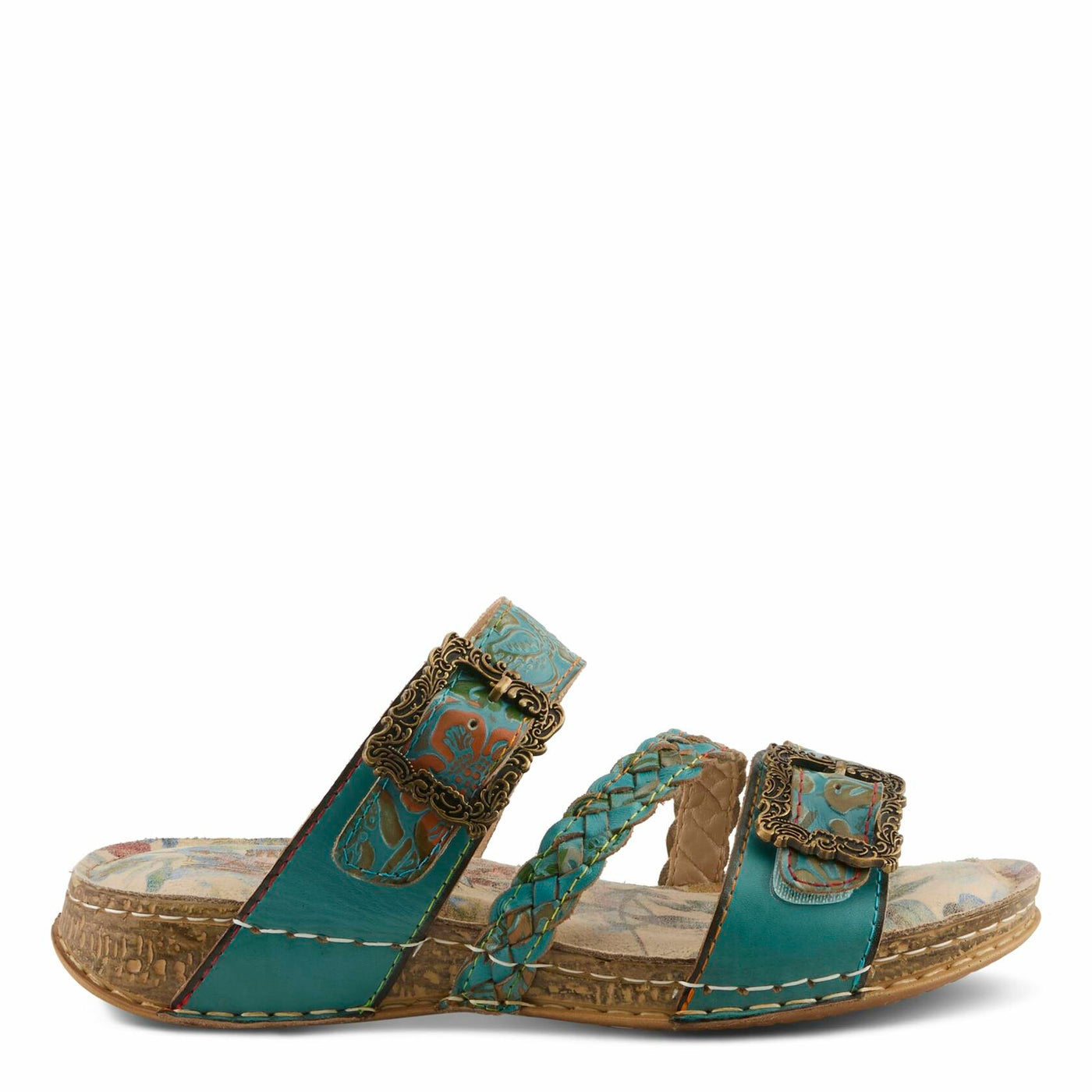 L'Artiste Women's ASTRA Slide Sandals - Hand-Painted Leather, Adjustable Straps, Padded Insole SKY BLUE MULTI EU 41 / US 9.5-10