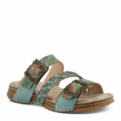 L'Artiste Women's ASTRA Slide Sandals - Hand-Painted Leather, Adjustable Straps, Padded Insole SKY BLUE MULTI EU 37 / US 6.5-7