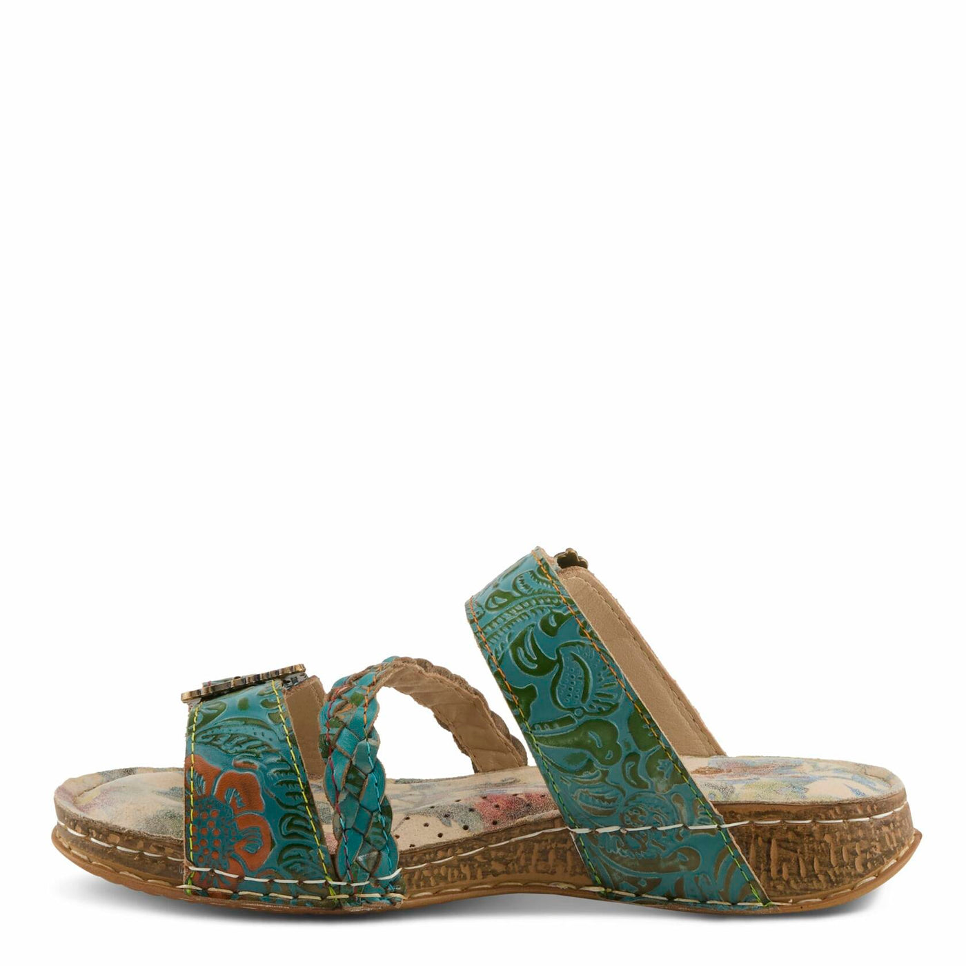 L'Artiste Women's ASTRA Slide Sandals - Hand-Painted Leather, Adjustable Straps, Padded Insole SKY BLUE MULTI EU 37 / US 6.5-7