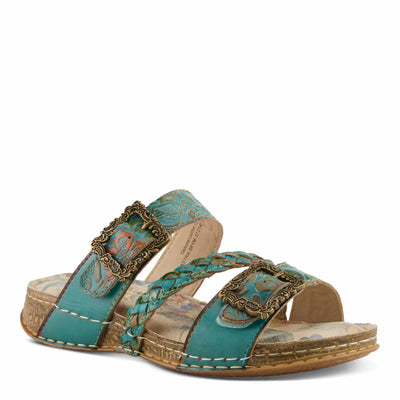 L'Artiste Women's ASTRA Slide Sandals - Hand-Painted Leather, Adjustable Straps, Padded Insole SKY BLUE MULTI EU 40 / US 9