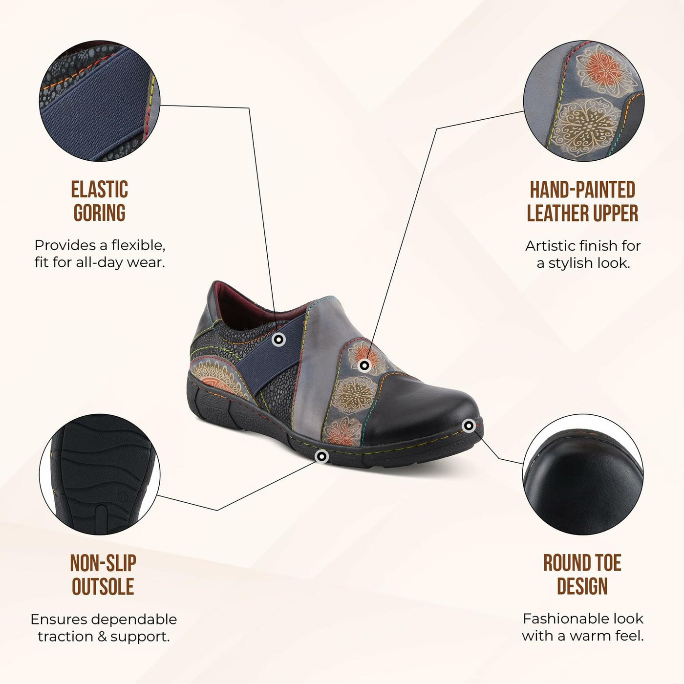 L'Artiste Lata Burnished Slip for Women with Rainbow Stitching | Walking Shoes with Hand Painted Geometric Design and Zipper Closure Cabernet Multi EU 42 / US 10.5-11