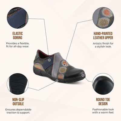 L'Artiste Lata Burnished Slip for Women with Rainbow Stitching | Walking Shoes with Hand Painted Geometric Design and Zipper Closure Cabernet Multi EU 42 / US 10.5-11