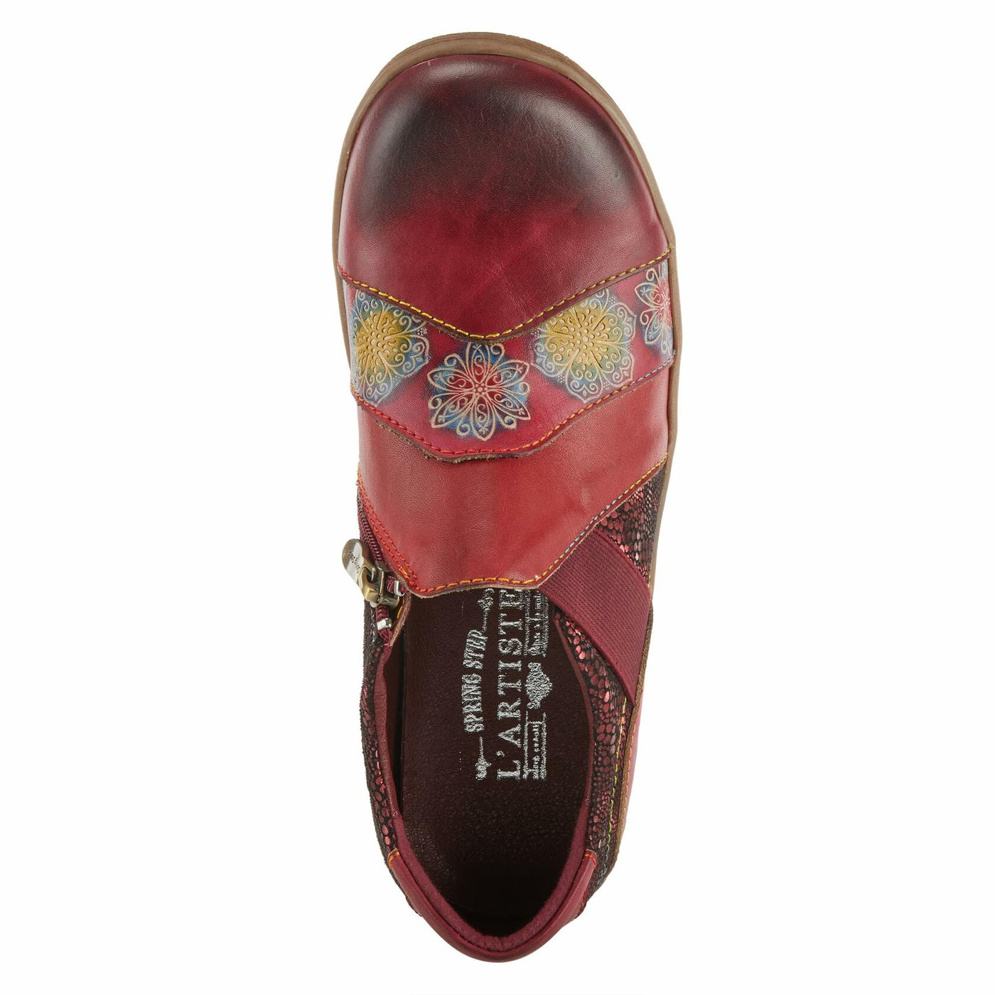 L'Artiste Lata Burnished Slip for Women with Rainbow Stitching | Walking Shoes with Hand Painted Geometric Design and Zipper Closure Cabernet Multi EU 42 / US 10.5-11
