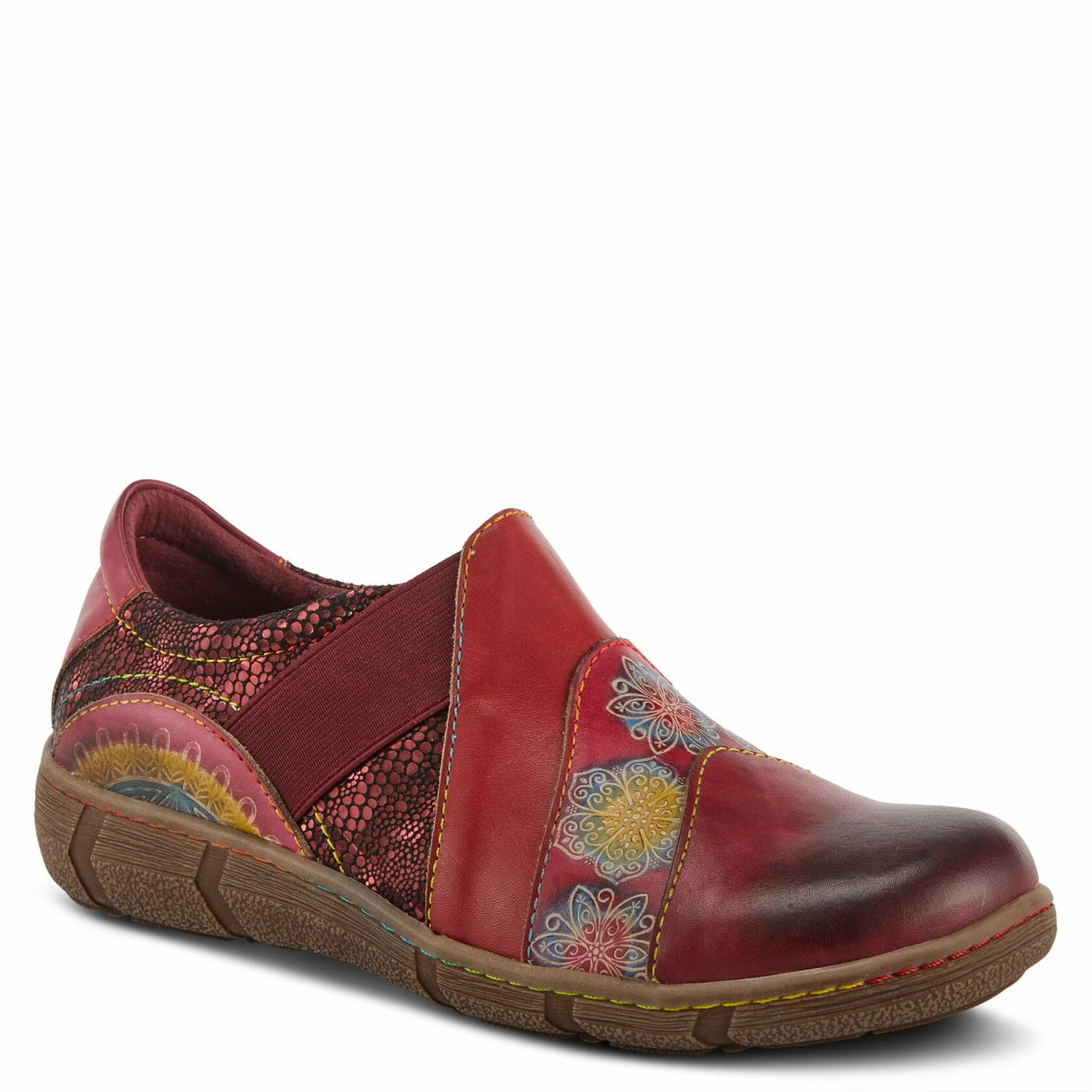 L'Artiste Lata Burnished Slip for Women with Rainbow Stitching | Walking Shoes with Hand Painted Geometric Design and Zipper Closure Cabernet Multi EU 42 / US 10.5-11
