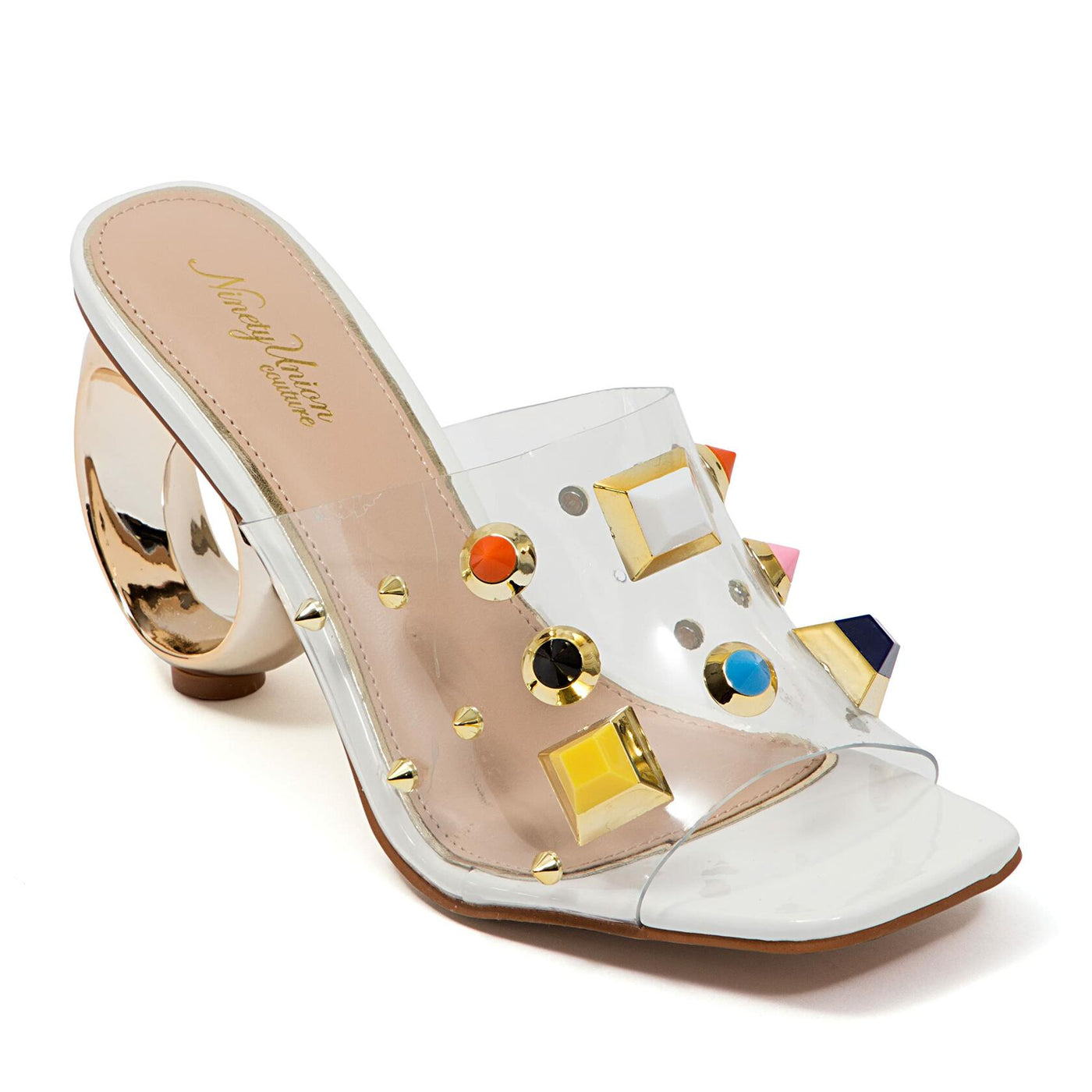 Ninety Union Vegas Lucite Multicolor Stone Slide On a Gold Circular Heel, White, 10