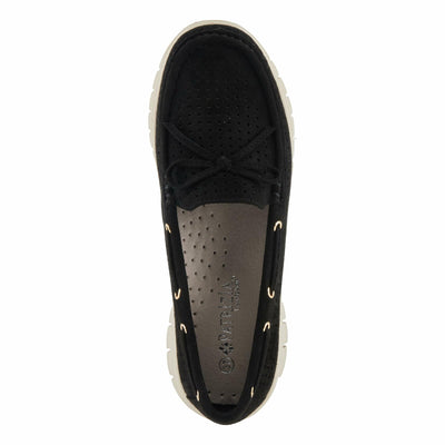 PATRIZIA Women's Aboard Moccasin Loafers – Microsuede Slip-On Shoes with Elegant Square-Dot Perforation, Bow Accent, and Cushioned Comfort Footbed Black EU 38 / US 7.5-8