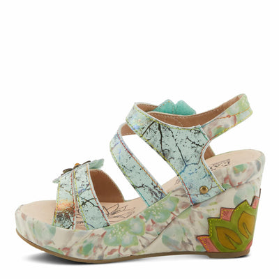 Spring Step L'Artiste Women's Karnitsky Floral Leather Sandals - Hand-Painted Lotus Motif, Metallic Straps