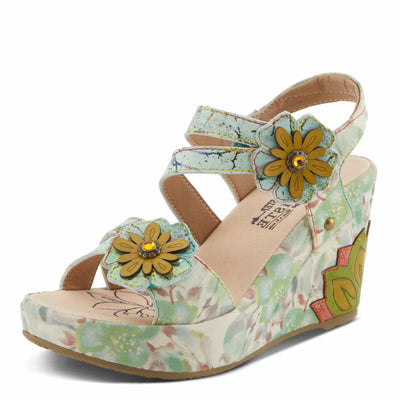Spring Step L'Artiste Women's Karnitsky Floral Leather Sandals - Hand-Painted Lotus Motif, Metallic Straps