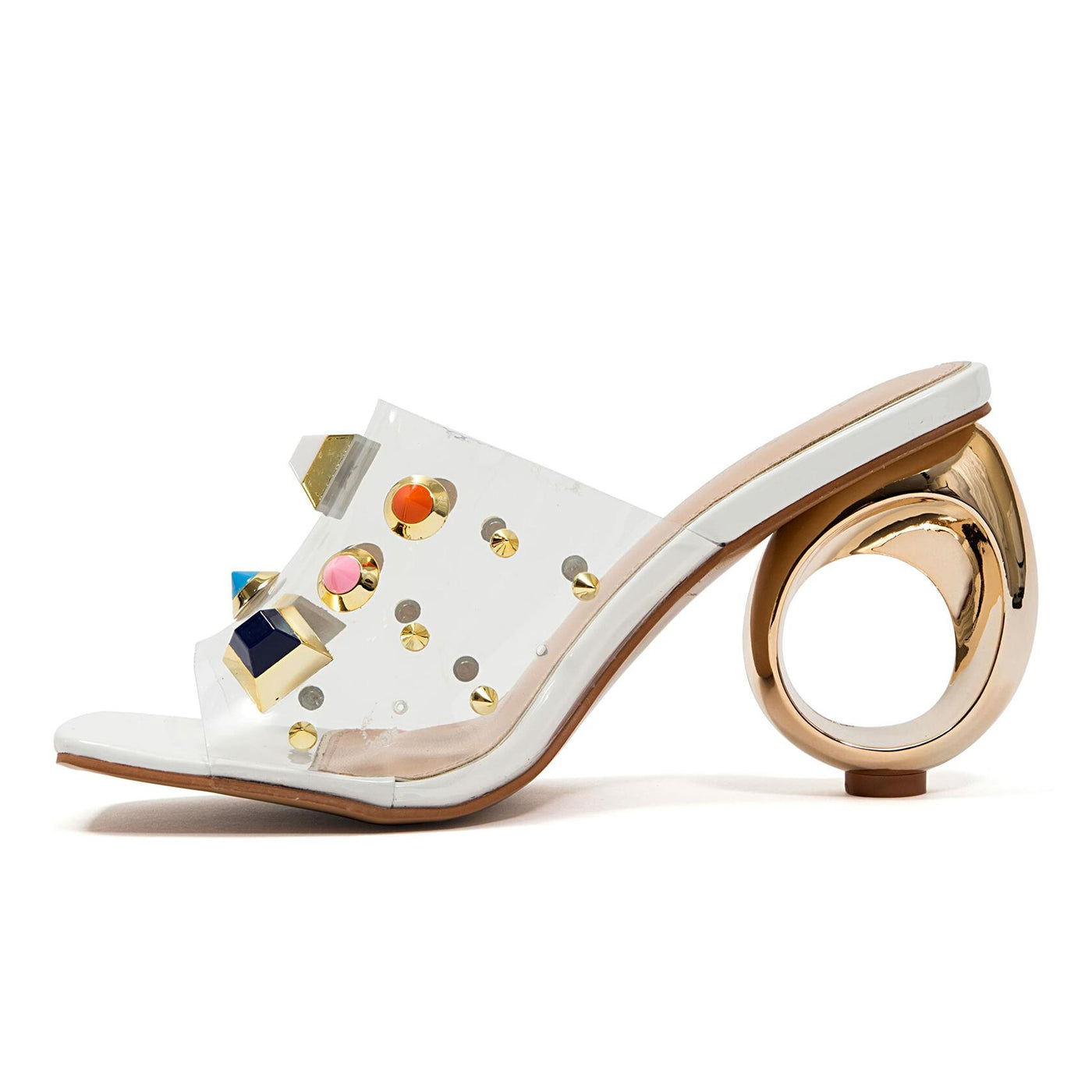 Ninety Union Vegas Lucite Multicolor Stone Slide On a Gold Circular Heel, White, 7