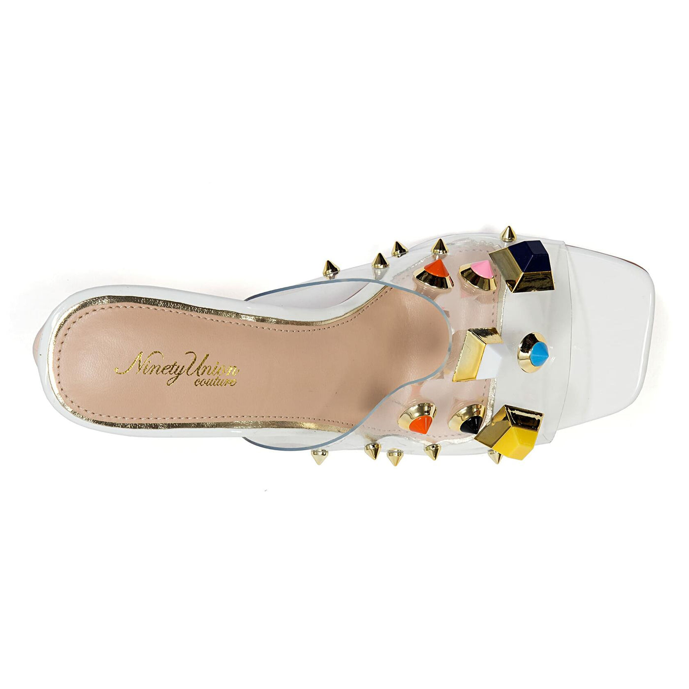 Ninety Union Vegas Lucite Multicolor Stone Slide On a Gold Circular Heel, White, 7
