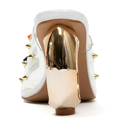 Ninety Union Vegas Lucite Multicolor Stone Slide On a Gold Circular Heel, White, 7