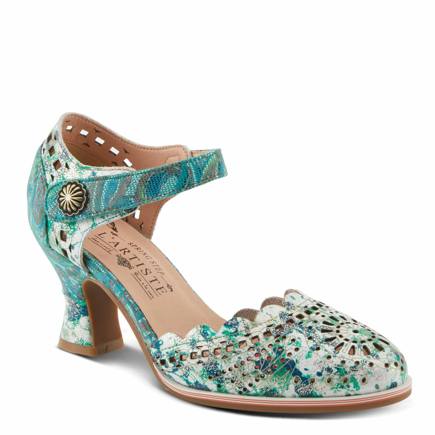 Spring Step L'Artiste Women's Luxe Laser Cut Out Dress Shoes | Leather-Wrapped Salsa Heel, Hook and Loop Closure, Green Multi EU 42 / US 10.5-11
