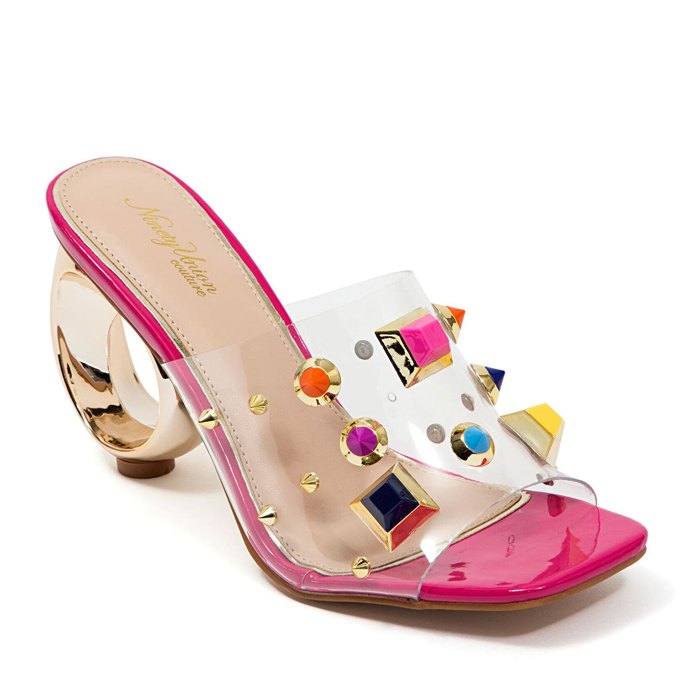 Ninety Union Vegas Lucite Multicolor Stone Slide On a Gold Circular Heel, Berry, 7