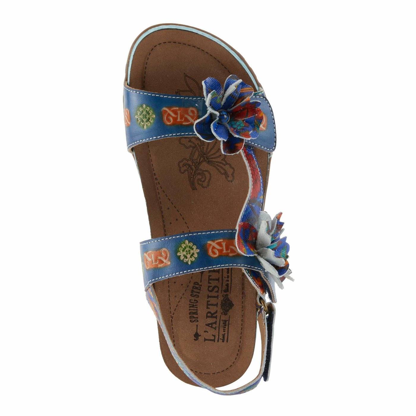 Spring Step L'Artiste Women's ERICA-SPRING Leather Slide Sandals with Decorative Floral Accents Blue Multi EU 37 / US 6.5-7