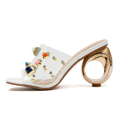 Ninety Union Vegas Lucite Multicolor Stone Slide On a Gold Circular Heel, White, 9