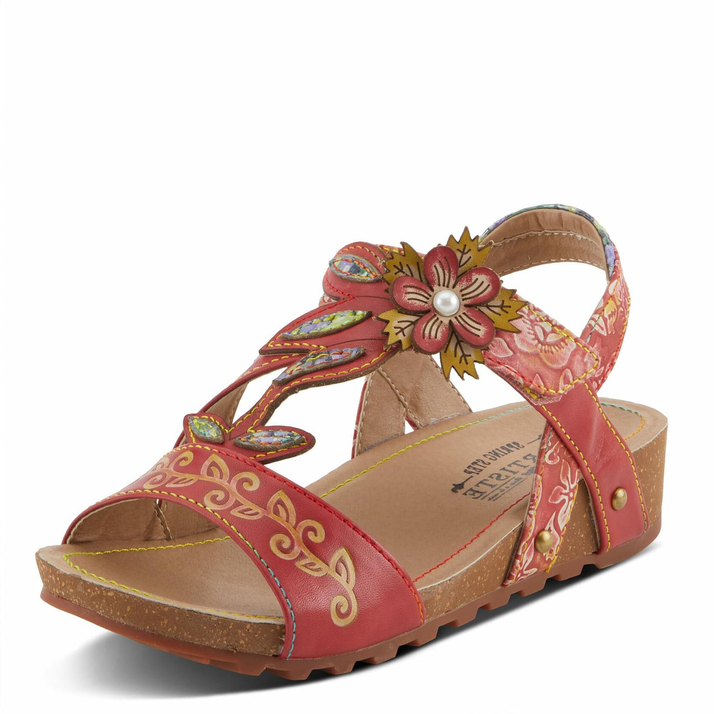 Spring Step L'Artiste Women's BELOVED Hand-Painted Low Cork Wedge Slide Sandals Red Multi EU 40 / US 9