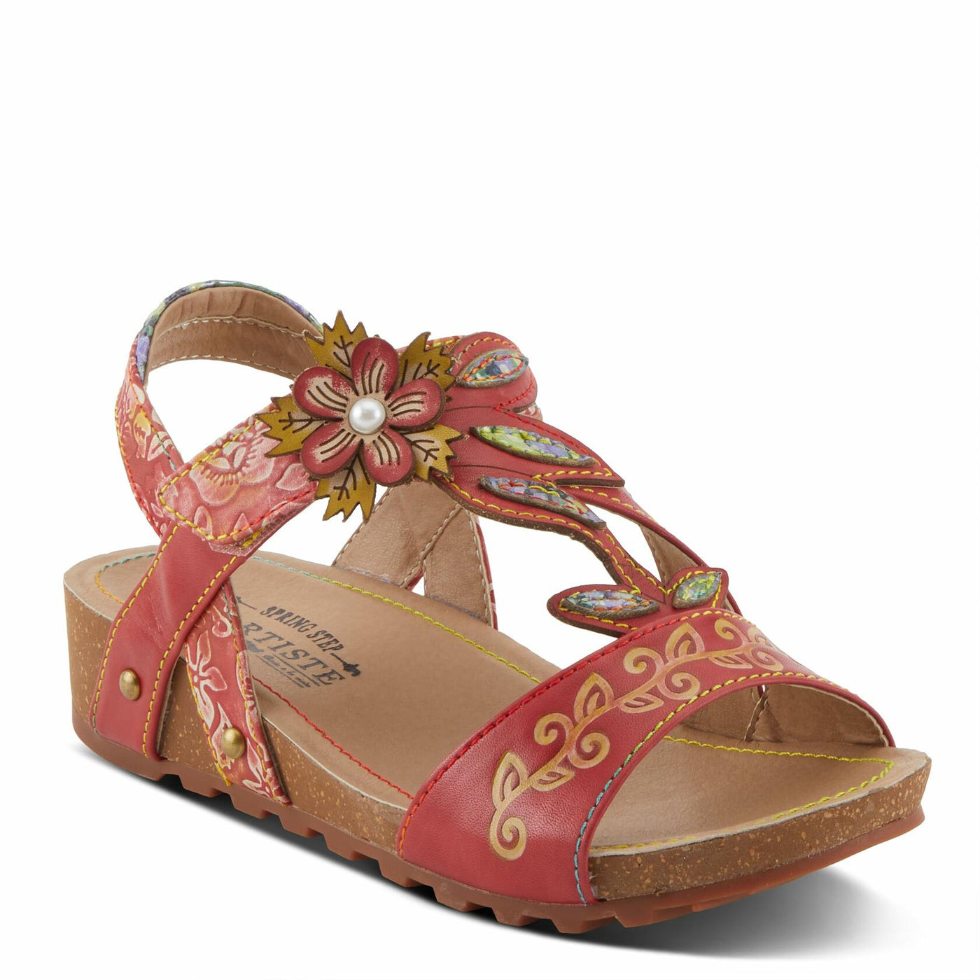 Spring Step L'Artiste Women's BELOVED Hand-Painted Low Cork Wedge Slide Sandals Red Multi EU 40 / US 9
