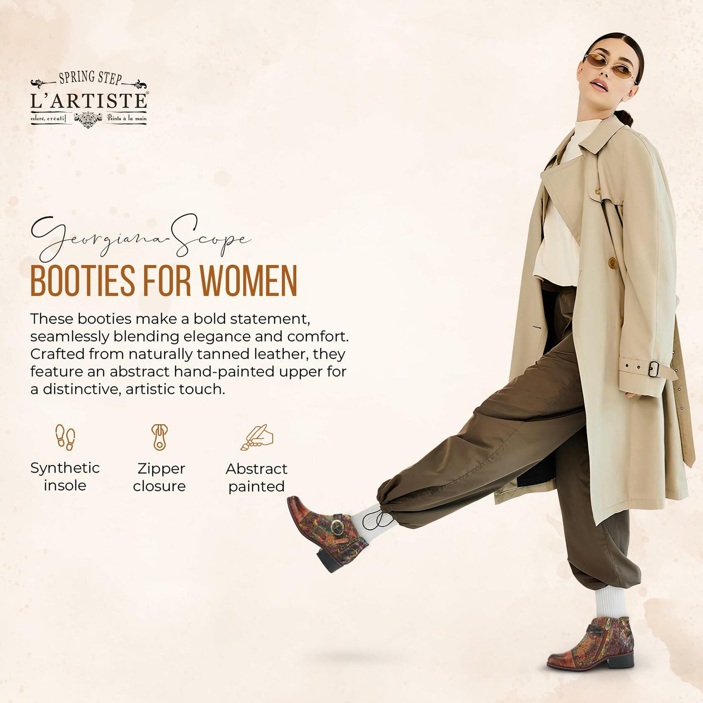 Spring Step L'Artiste Georgiana-Scope Booties for Women - Ankle Boots with Zipper Closure - Hand-Painted Ladies Boots for Outdoor - Camel Multi EU 36 / US 5.5-6