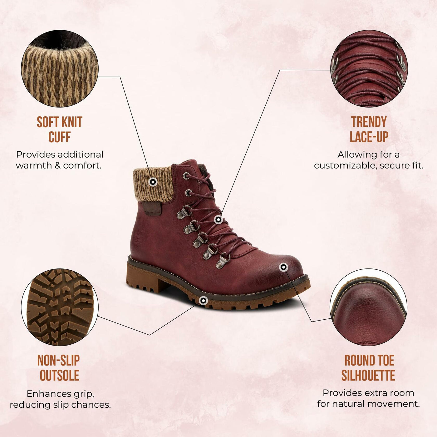 PATRIZIA Spring Step Clarris Lace-Up Booties for Women - Ladies Boots with Cozy Faux Fur Lining - Tonal Stitching Ankle Boots for Womens - Bordeaux EU 37 / US 6.5-7