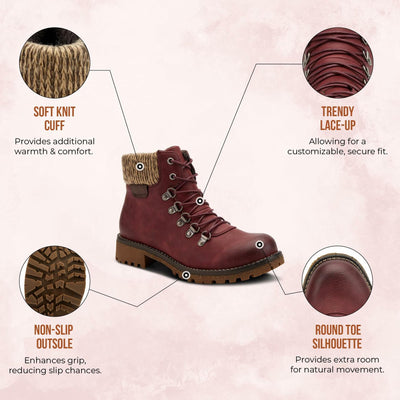 PATRIZIA Spring Step Clarris Lace-Up Booties for Women - Ladies Boots with Cozy Faux Fur Lining - Tonal Stitching Ankle Boots for Womens - Bordeaux EU 37 / US 6.5-7