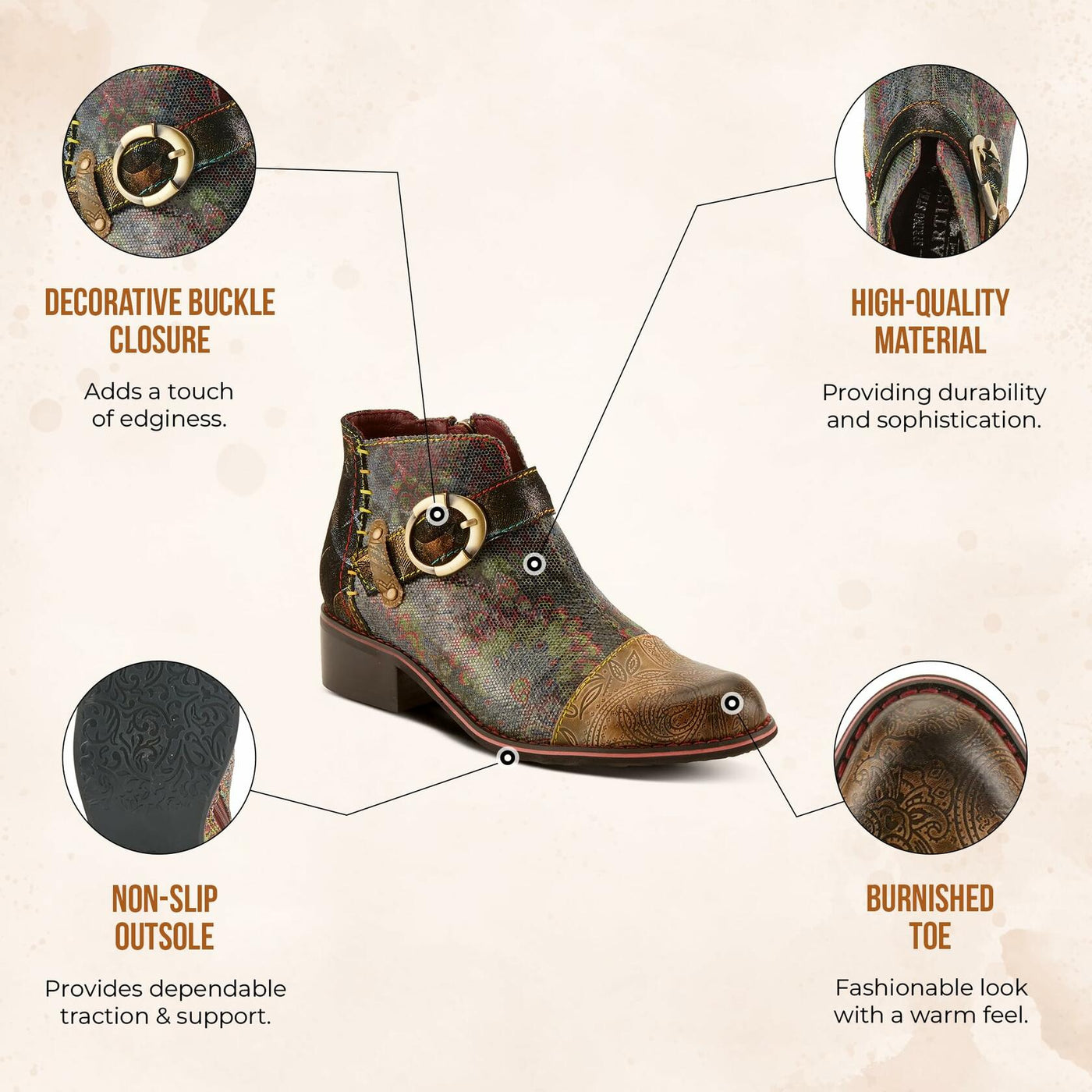 Spring Step L'Artiste Georgiana-Scope Booties for Women - Ankle Boots with Zipper Closure - Hand-Painted Ladies Boots for Outdoor - Olive Multi EU 38 / US 7.5-8