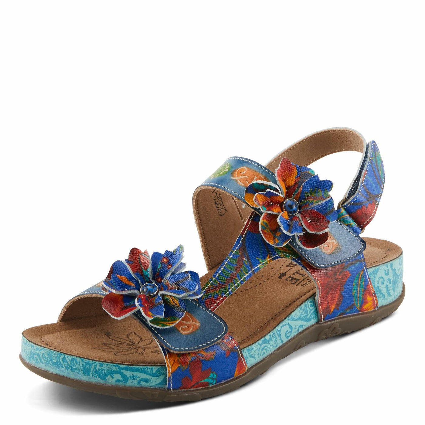 Spring Step L'Artiste Women's ERICA-SPRING Leather Slide Sandals with Decorative Floral Accents Blue Multi EU 40 / US 9