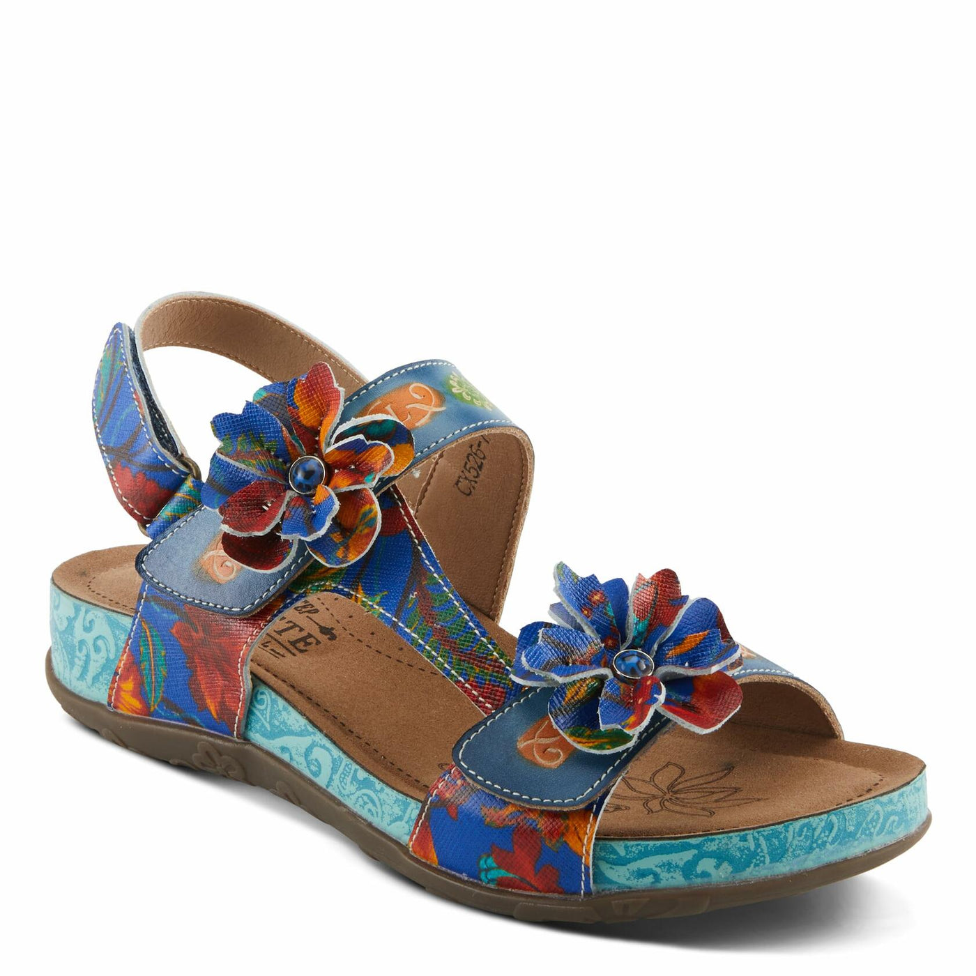 Spring Step L'Artiste Women's ERICA-SPRING Leather Slide Sandals with Decorative Floral Accents Blue Multi EU 40 / US 9