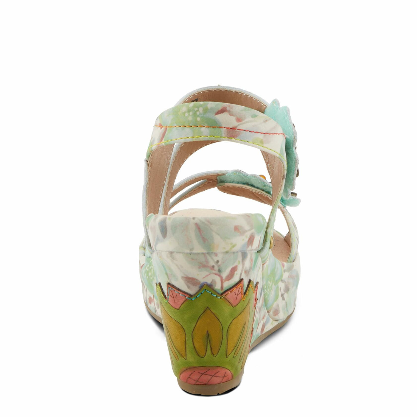Spring Step L'Artiste Women's Karnitsky Floral Leather Sandals - Hand-Painted Lotus Motif, Metallic Straps Mint Green Multi EU 37 / US 6.5-7