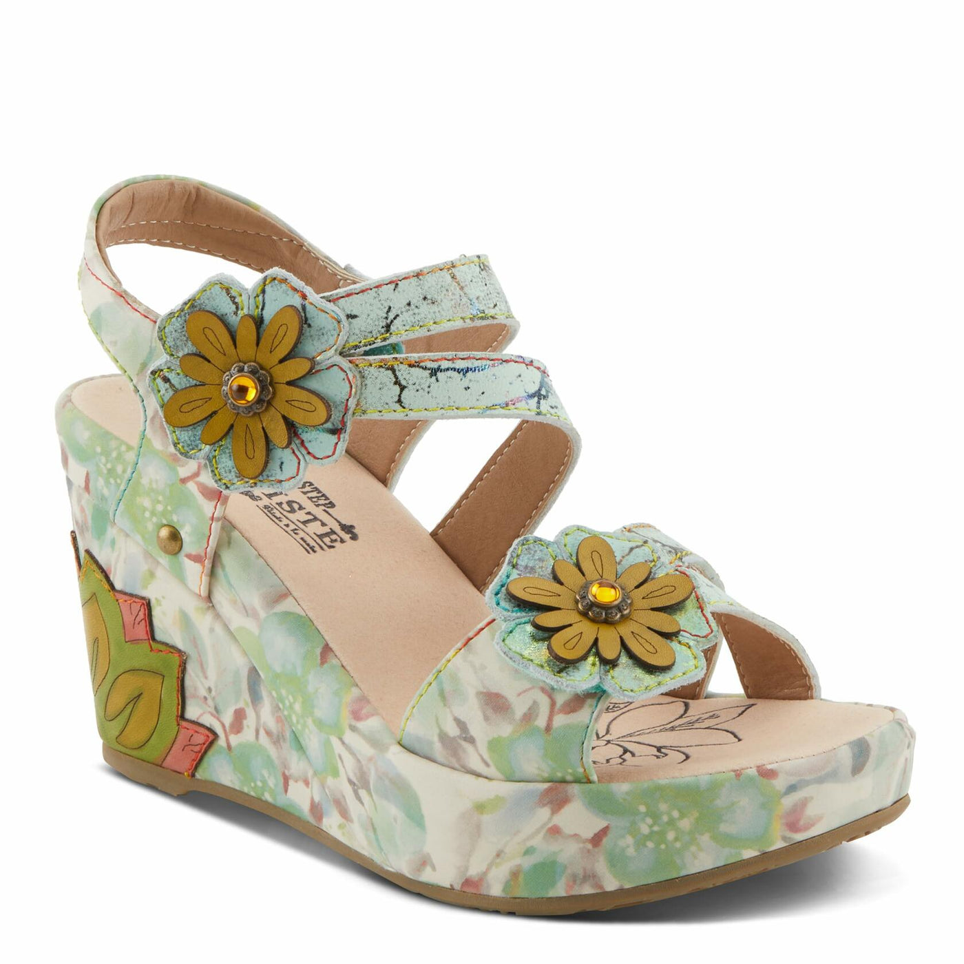 Spring Step L'Artiste Women's Karnitsky Floral Leather Sandals - Hand-Painted Lotus Motif, Metallic Straps Mint Green Multi EU 37 / US 6.5-7