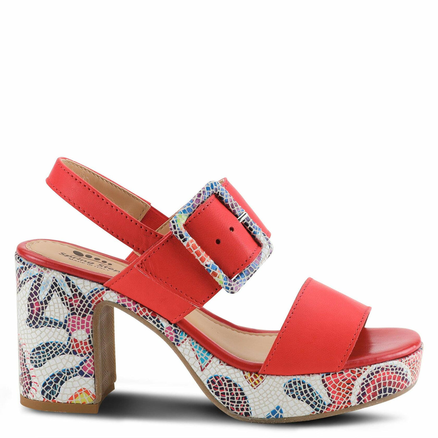 Azucar Women's Sandal | High Heels for Women with Leather Upper, Mosaic Block Heel, Square Open Toe, Adjustable Buckle Strap, – Stylish, Supportive, and Stretchable Red Multi EU 41 / US 9.5-10