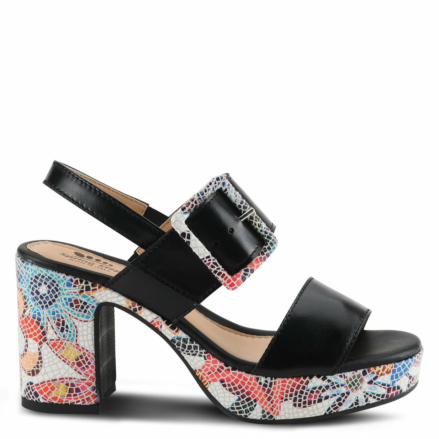 Azucar Women's Sandal | High Heels for Women with Leather Upper, Mosaic Block Heel, Square Open Toe, Adjustable Buckle Strap, – Stylish, Supportive, and Stretchable Black Multi EU 38 / US 7.5-8