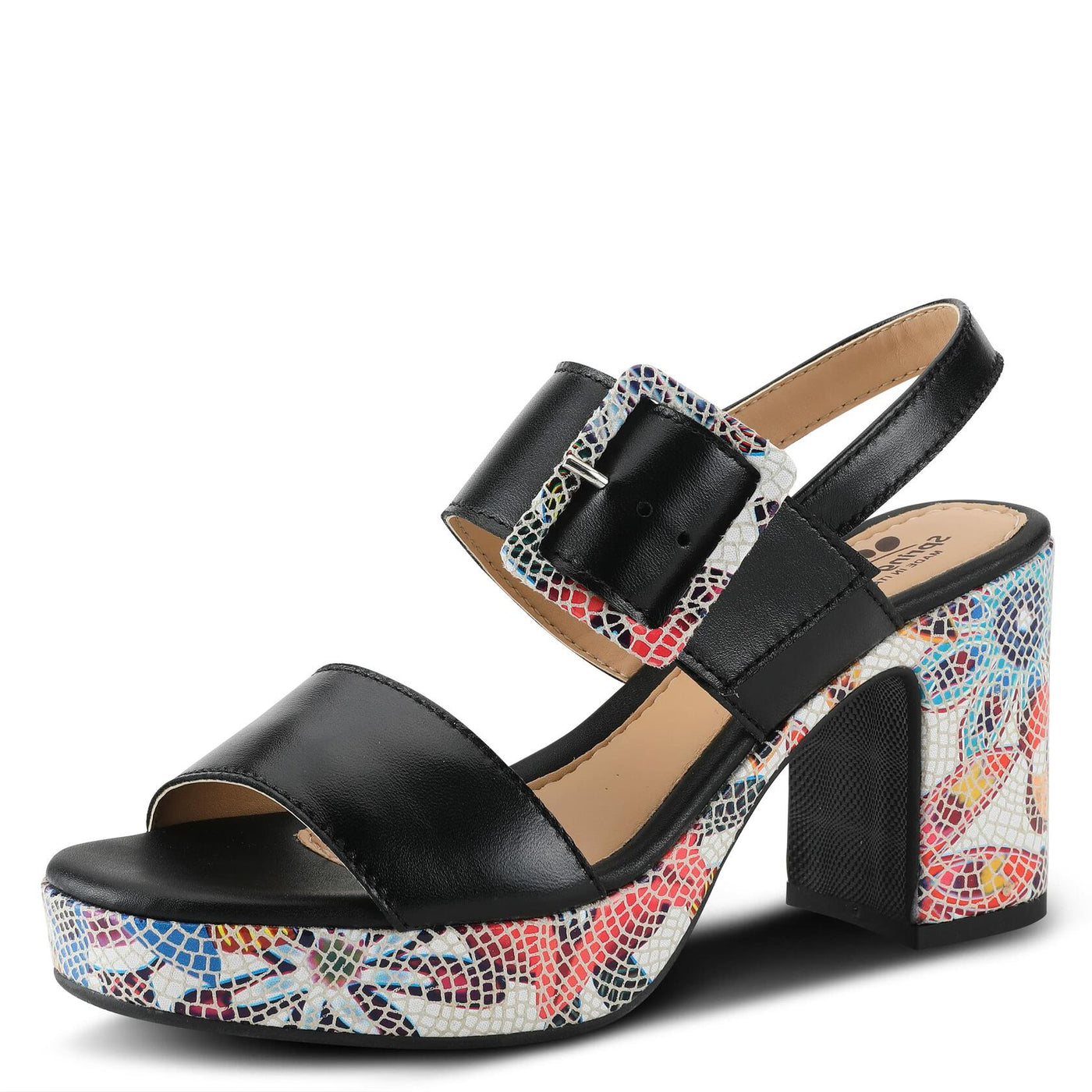 Azucar Women's Sandal | High Heels for Women with Leather Upper, Mosaic Block Heel, Square Open Toe, Adjustable Buckle Strap, – Stylish, Supportive, and Stretchable Black Multi EU 38 / US 7.5-8