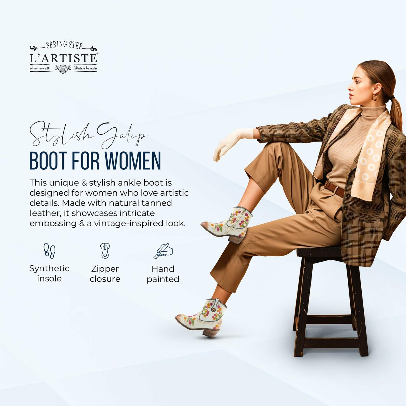 Spring Step L'Artiste Galop Boot for Womens - Ankle Boots with Inside Zipper Closure - Comfortable Western Ladies Boots for Outdoor - White EU 40 / US 9