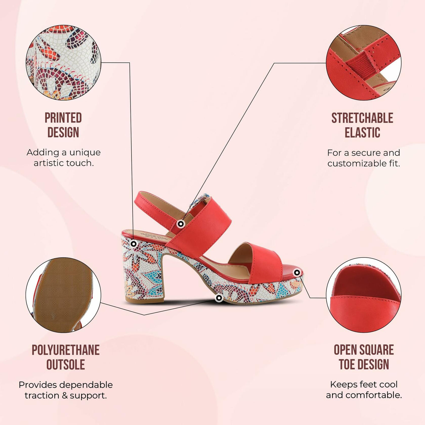 Azucar Women's Sandal | High Heels for Women with Leather Upper, Mosaic Block Heel, Square Open Toe, Adjustable Buckle Strap, – Stylish, Supportive, and Stretchable Black Multi EU 40 / US 9