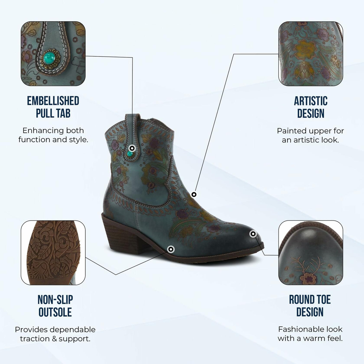 Spring Step L'Artiste Galop Boot for Womens - Ankle Boots with Inside Zipper Closure - Comfortable Western Ladies Boots for Outdoor - Blue EU 41 / US 9.5-10