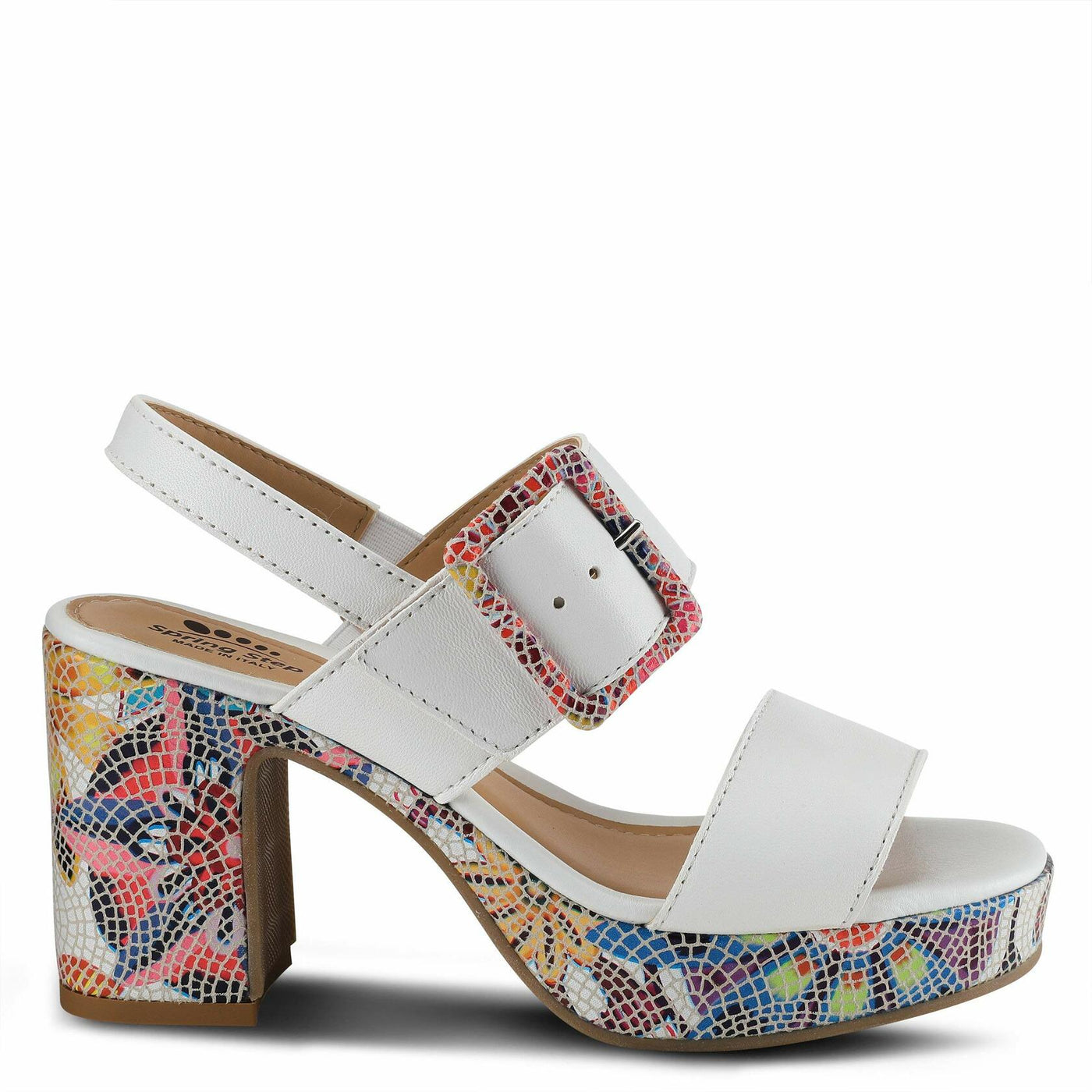 Azucar Women's Sandal | High Heels for Women with Leather Upper, Mosaic Block Heel, Square Open Toe, Adjustable Buckle Strap, – Stylish, Supportive, and Stretchable White Multi EU 38 / US 7.5-8