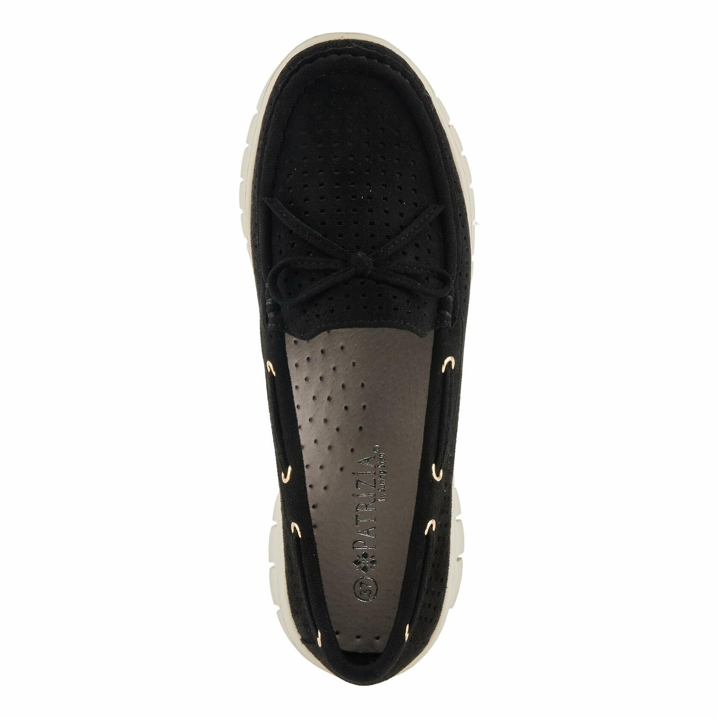 PATRIZIA Women's Aboard Moccasin Loafers – Microsuede Slip-On Shoes with Elegant Square-Dot Perforation, Bow Accent, and Cushioned Comfort Footbed Black EU 38 / US 7.5-8