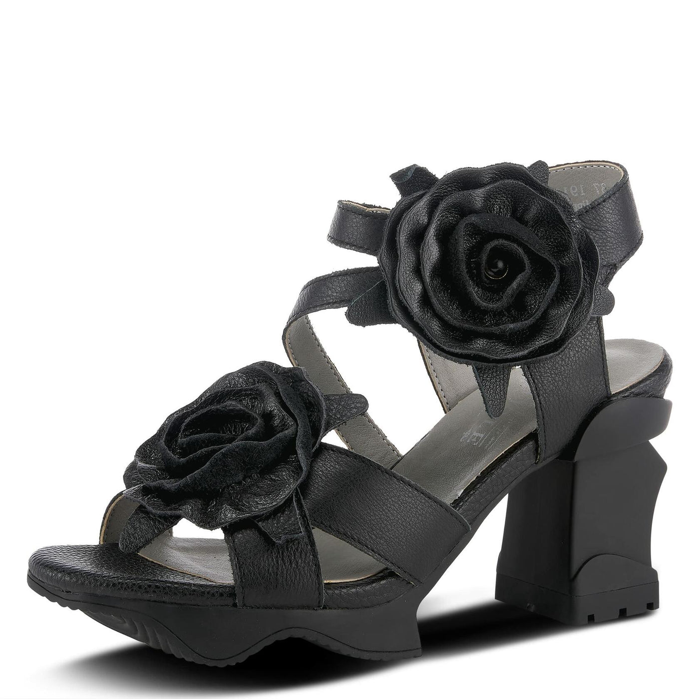L'Artiste Women's SHELLY Leather Ankle Strap Sandals – Hand-Painted Floral Design, Adjustable Strap, Block Heel Black EU 38/7.5-8
