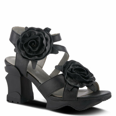 L'Artiste Women's SHELLY Leather Ankle Strap Sandals – Hand-Painted Floral Design, Adjustable Strap, Block Heel Black EU 38/7.5-8