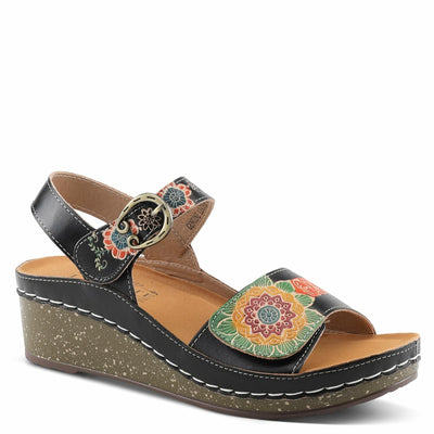 L'Artiste Women's ROSHNI Slingback Sandals – Hand-Painted Leather Floral Wedge with Adjustable Comfort Straps Black Multi EU 40/9