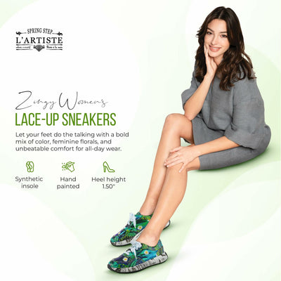L'Artiste Women's Zingy Lace-Up Fashion Sneakers – Embroidered Leather Casual Sneakers with Adjustable Comfort Fit Green Multi EU 36/5.5-6