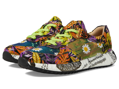 L'Artiste Women's Zingy Lace-Up Fashion Sneakers – Embroidered Leather Casual Sneakers with Adjustable Comfort Fit Yellow Multi EU 41/9.5-10